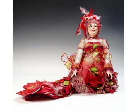 Large and captivating doll dressed in an opulent red mermaid-style gown embellished with satin ribbon petals, layered tulle, 