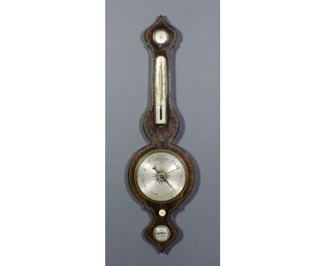 A Victorian rosewood wheel barometer, thermometer and hydrometer by Hayward of Ashford, the 8ins diameter silvered dial with 