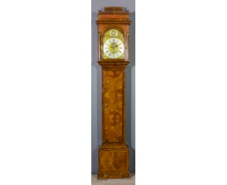 A George II figured walnut longcase clock by John Gordon of London, the 12ins arched brass dial with wide silvered chapter ri