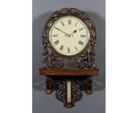 A late Victorian walnut cased shelf wall clock, the 12ins diameter painted metal dial with Roman numerals to the two train fu