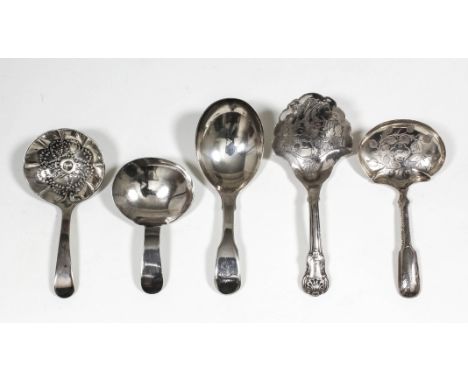 Three George III silver caddy spoons - with circular bowl with die stamped flowerhead ornament, possibly Alice & George Burro