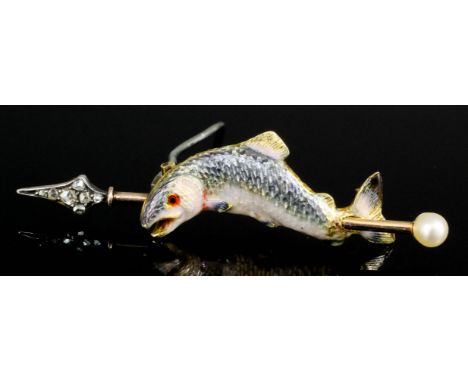 A modern gold coloured metal, rose diamond, pearl and salmon enamel pattern brooch, the scrolling trout impaled on a rose dia