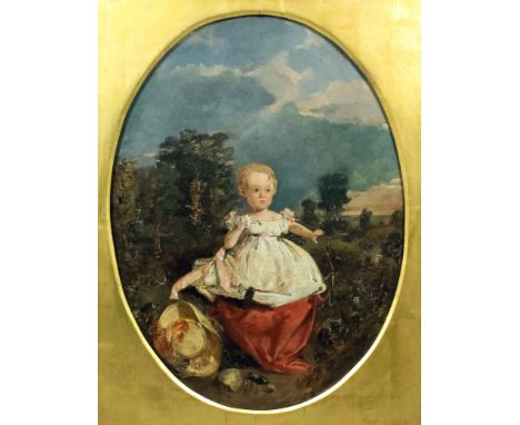 19th Century English School - Oil painting - Portrait of a young child with a rattle and straw hat, canvas 16ins x 12ins, wit