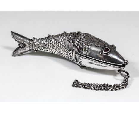 A 20th Century Continental silvery metal fish pattern spice box with enamel eyes and articulated body, the mouth opening to r