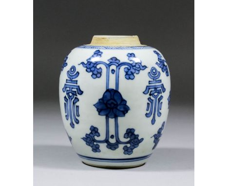 A Chinese blue and white porcelain ginger jar painted with calligraphy and lotus blossom, 4.75ins (120mm) high (Kangxi period