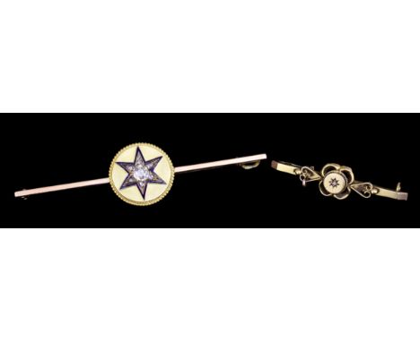 A late Victorian 15ct gold enamel and diamond set bar brooch, the central 20mm diameter circular panel set to centre with a b