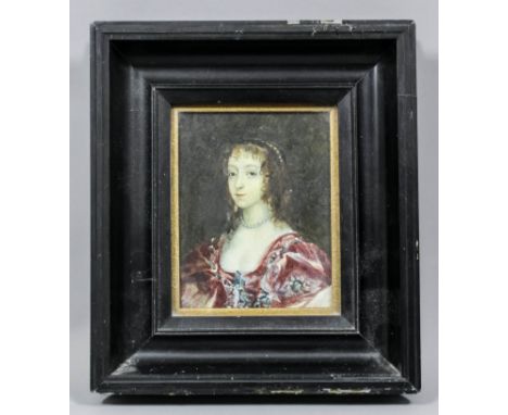 19th Century English School - Miniature portrait of a woman after a late 17th Century original, 5.25ins x 4.25ins, in ebonise