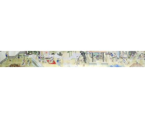 Chinese School - Watercolour on silk - Extensive panoramic scene of figures in a pavilioned garden landscape, 15.75ins (400mm