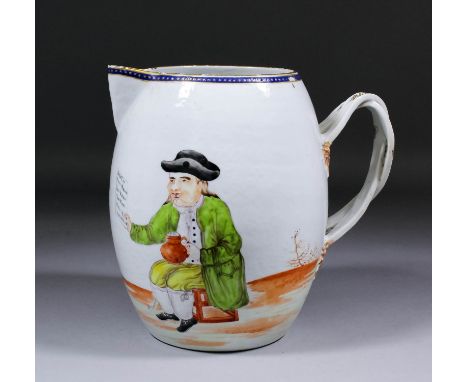 A Chinese Export porcelain baluster shaped cider jug enamelled in colours with a seated figure of "Toby Philpott" holding a l