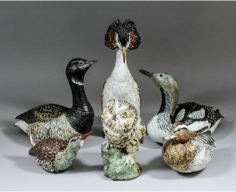 A collection of six modern glazed stoneware ceramic figures, comprising - "Great Crested Grebe Courtship Display" 12.75ins hi