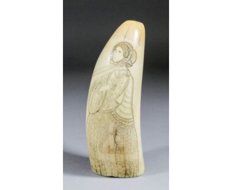 A 19th Century scrimshaw whale's tooth, the front face engraved with the portrait of a young woman wearing a full length dres