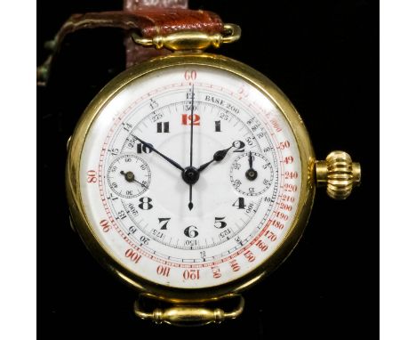 An early 20th Century gentleman's 18k gold Swiss chronograph stopwatch/ wristwatch, the white enamelled dial with subsidiary 
