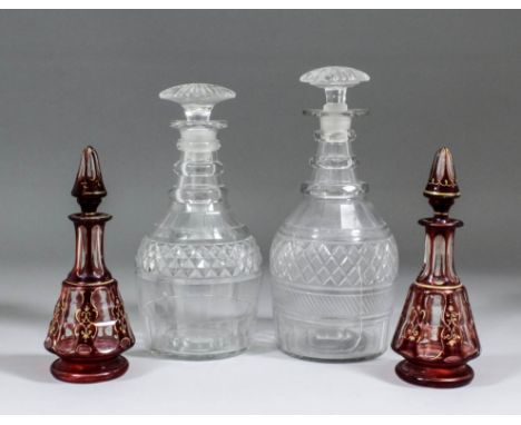 An early 19th Century English glass three ring decanter with diamond and tile cutting, with mushroom stopper for same, 9.75in