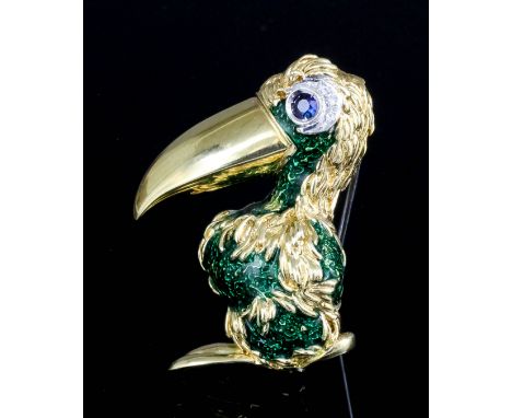 A modern 18ct gold sapphire, diamond and enamel Asprey "Toucan" pattern brooch, the eye set with a sapphire bordered with sma