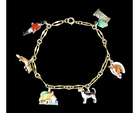 An early 20th Century 9ct gold and enamel charm bracelet, 175mm overall, hung with charms enamelled as huntsmen, fox, cottage