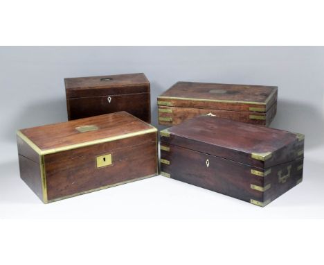 A 19th Century brass bound mahogany writing box, 15.5ins x 9.5ins x 6.25ins high, two other similar, and a late Georgian tea 