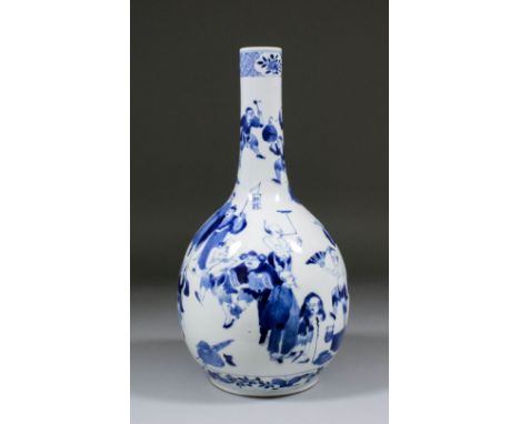 A Chinese blue and white porcelain bottle vase painted with figures at various pursuits within borders decorated with flowers