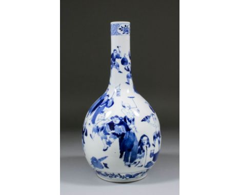 A Chinese blue and white porcelain bottle vase painted with figures at various pursuits within borders decorated with flowers