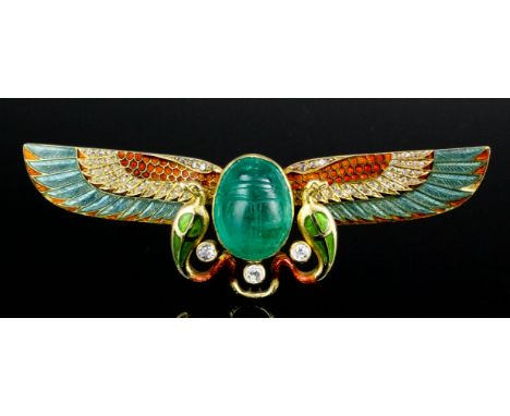 A gold coloured metal mounted enamel, emerald and diamond set scarab pattern brooch, the central oval cabochon emerald cut wi