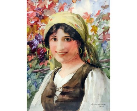 Giovanni Barbaro (1864-1915) - Watercolour - Portrait of a gypsy girl amongst grapevines, 16ins x 12.25ins, signed "Giovanni 