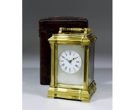 A late 19th/early 20th Century French carriage clock, No. 3678, the 1.75ins diameter white enamelled dial with Roman and Arab
