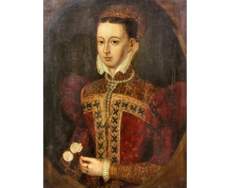 18th/19th Century British School - Oil painting - Half length portrait of Mary, Queen of Scots, canvas 32ins x 24ins, in ebon