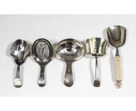 Four George III silver caddy spoons - with shaped bowl by Joseph Taylor, Birmingham 1801 (weight 5.7 grammes), with oval fili