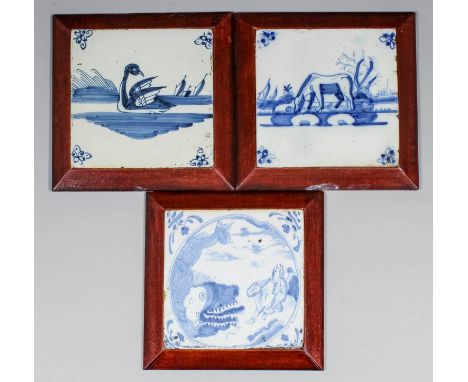 An English 18th Century blue and white Delft tile painted with "Jonah and the Whale", 5ins square (probably London - circa 17