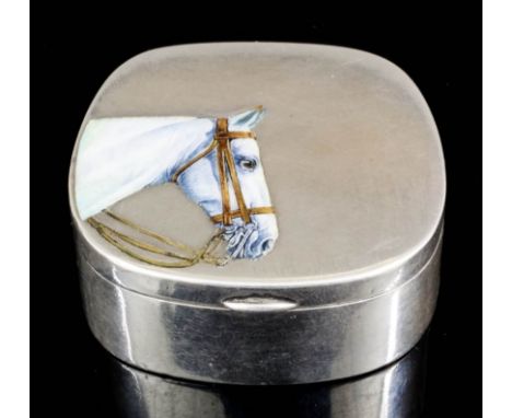 An early 20th Century silvery metal patch box the cover enamelled with the head of a grey Hunter, 1.875ins wide x 1.5ins deep