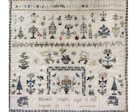 A 19th Century needlework sampler worked in coloured silks by "Elizabeth Wright, Aged 12 Years, August 23 18..", with trees, 