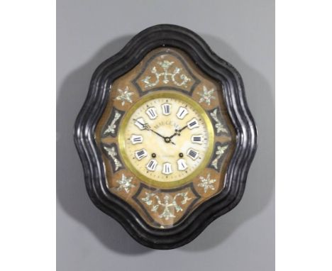 A late 19th Century French ebonised and walnut cased wall clock by Maugeis, Chaudron, the 9.75ins alabaster dial with raised 