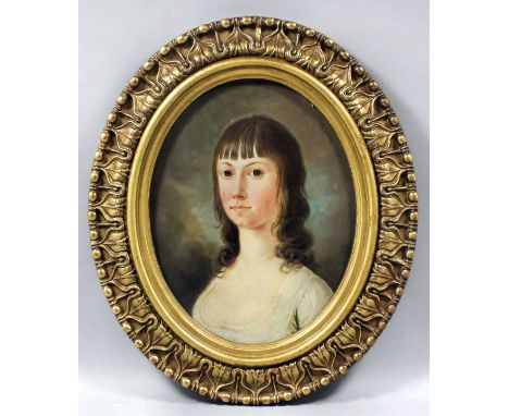 Early 19th Century English School - Oil painting - Oval portrait of "Mrs Parker", metal panel, 12ins x 9.25ins, in moulded gi