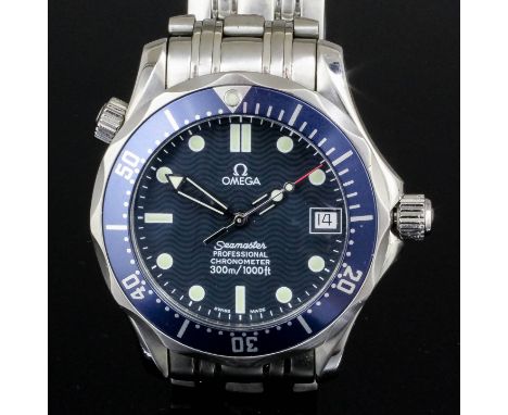 A gentleman's stainless steel Omega Professional Chronometer Datejust automatic wristwatch, the blue textured face with baton