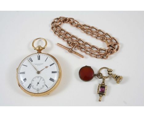 AN 18CT. GOLD OPEN FACED POCKET WATCH the white enamel dial signed William Bent London E.C. 15339, with Roman numerals and su