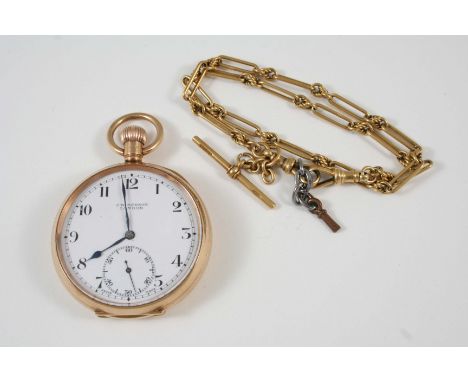 A 9CT. GOLD OPEN FACED POCKET WATCH BY J.W. BENSON, LONDON the signed white enamel dial with Arabic numerals and subsidiary s