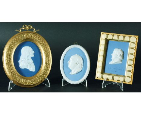 SAMUEL JOHNSON, A WEDGWOOD BLUE JASPER PORTRAIT MEDALLION, in a foliate frame, by John Flaxman, impressed title and marks, 11