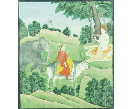 PAHARI SCHOOL, probably Kangra, circa 1820, Parvati holding a trident riding on Nandi being followed by an elephant, possibly