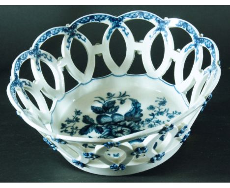 WORCESTER BASKET, circa 1770-85, blue transfer printed in the Pine Cone Group pattern, open crescent mark, diameter 20cm