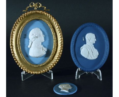 SIR JOSHUA REYNOLDS, a Wedgwood blue jasper portrait medallion, incised and impressed marks, 10cm x 7.5cm; together with Sir 
