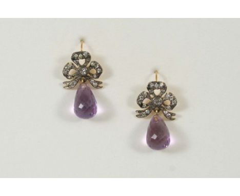 A PAIR OF AMETHYST AND DIAMOND DROP EARRINGS each earring set with a briolette amethyst drop, suspended from a diamond set bo