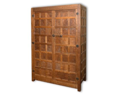 EARLY MOUSEMAN WARDROBE - ROBERT THOMPSON OF KILBURN circa 1930's with panelled front and sides, with circular metal hinges a