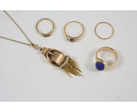 A QUANTITY OF JEWELLERY including a Victorian gold buckle and tassel pendant, set with half pearls and with blue enamel decor