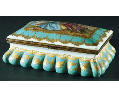 SEVRES STYLE PORCELAIN CASKET, 19th century, of cushion form, the domed cover painted with a scene of a romantic couple, sign