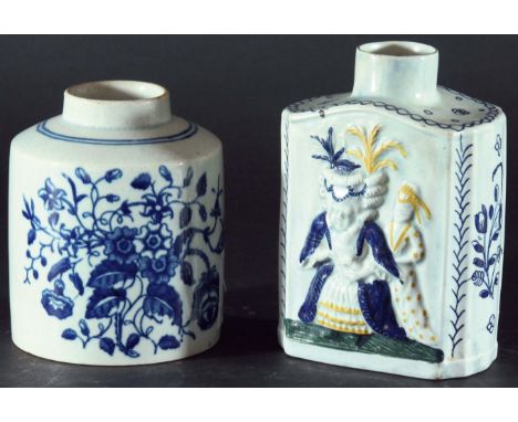 PEARLWARE TEA CADDY, circa 1790, decorated in relief with Macaroni figures in relief with blue and yellow highlights, restora
