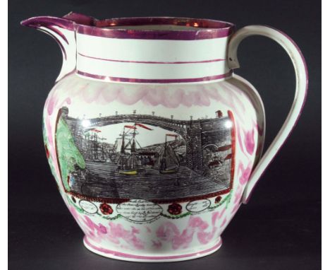 SUNDERLAND LUSTRE PEARLWARE JUG, mid 19th century, printed and painted with a view of the Sunderland Bridge inscribed Hylton 