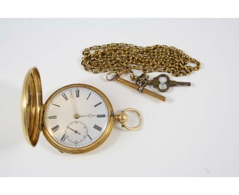 AN 18CT. GOLD FULL HUNTING CASED POCKET WATCH the white enamel dial with Roman numerals and subsidiary seconds dial, the thre