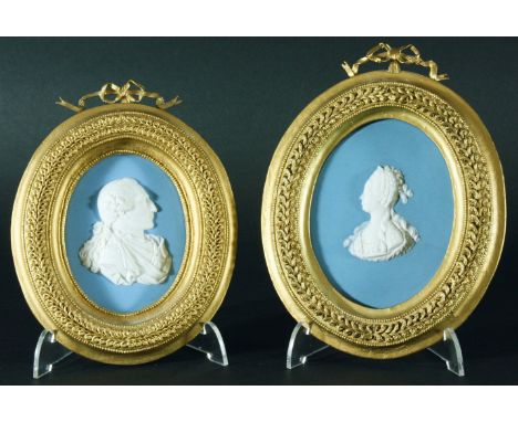 LOUIS XVI AND MARIE ANTOINETTE, two Wedgwood blue jasper portrait medallions, probably after Nini, impressed and incised titl