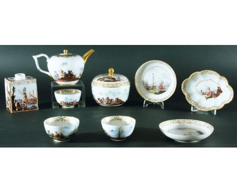 MEISSEN PART TEA SERVICE, circa 1740, each piece painted with a harbour scene, possibly by Horoldt, inside concentric iron re