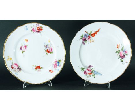 TWO NANTGARW PORCELAIN PLATES, circa 1820, painted with floral sprays including inside a gilt dentil rim, light wear to decor