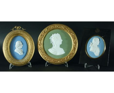 DR JOSEPH PRIESTLY,  a Wedgwood blue jasper portrait medallion, 19th century, 11.5cm x 8.5cm; another of a gentlemen facing t